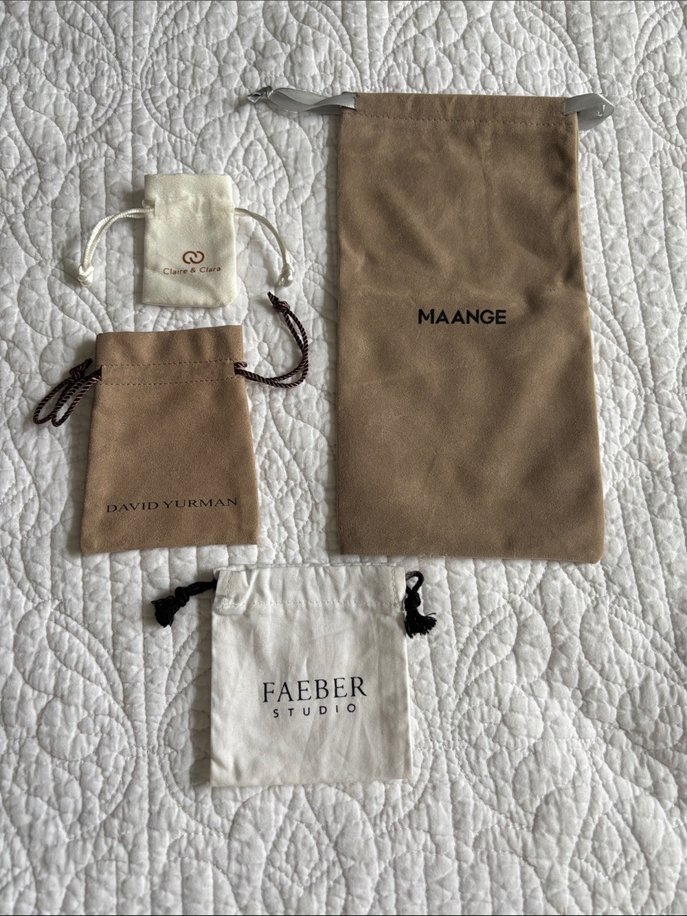 Lot of 4 Tan & White Drawstring Branded Pouches Jewelry Bags